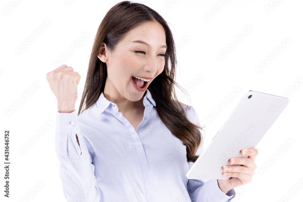 Businesswoman with tablet, Woman using digital tablet computer PC happy isolated on white background.Asian woman in business shirt. Businesswoman with tablet, Woman using digital tablet computer PC happy isolated on white background.Asian woman in business shirt.