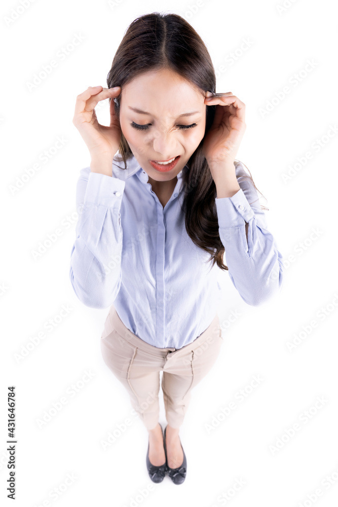 Coronavirus fever young business Asian woman suffering from headache desperate and stressed because pain and migraine ,isolated on white background. Coronavirus fever young business Asian woman suffering from headache desperate and stressed because pain and migraine ,isolated on white background.