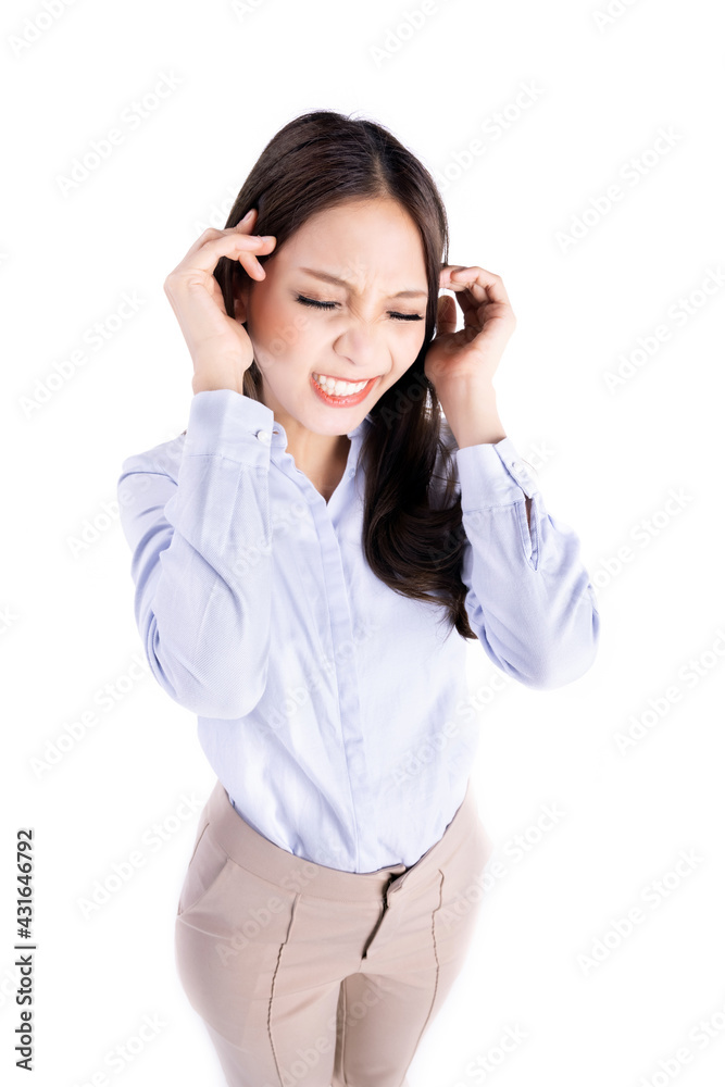 Coronavirus fever young business Asian woman suffering from headache desperate and stressed because pain and migraine ,isolated on white background. Coronavirus fever young business Asian woman suffering from headache desperate and stressed because pain and migraine ,isolated on white background.