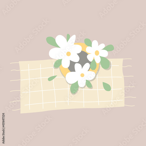 Vector flowers in a vase on a napkin. Top view of the bouquet.