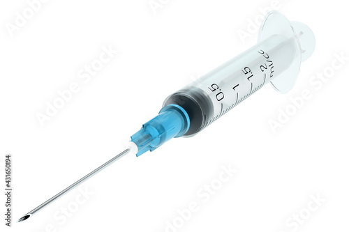 Sterile medical syringe 2 ml with a blue needle. Isolated on a white background. Clipart. 3d rendering