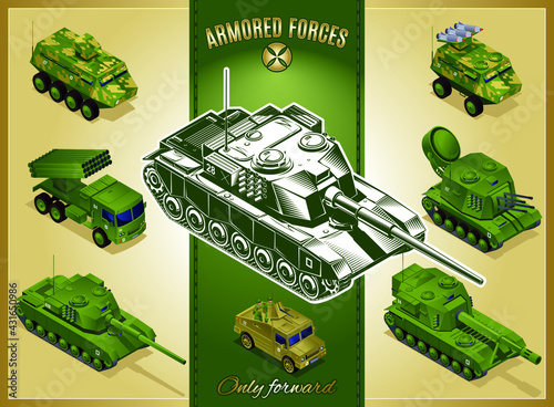 Armored Forces Concept Poster collection with tanks military vehicles set isometric icons on isolated background