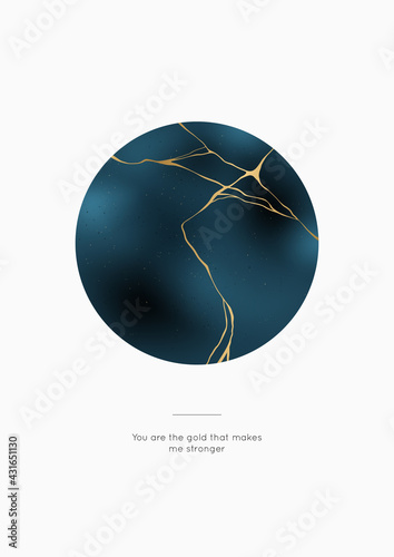 Kintsugi circle crack poster with motivation phrase. Japanese art of repairing broken pottery. Asian philosophy for repair broken things. Minimal print design for home decoration. Vector illustration