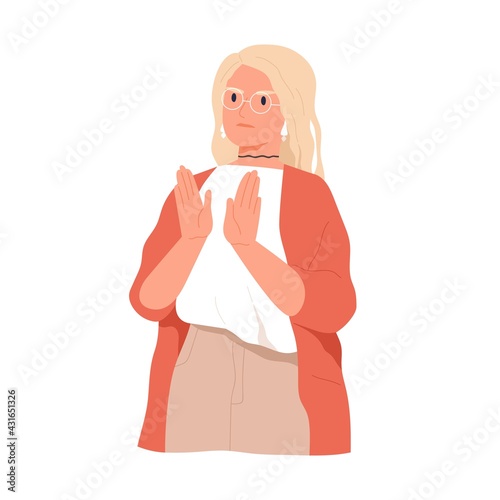 Shocked startled woman staring at smb and showing her negative reaction with denial, rejection or stop gesture. Non-verbal communication. Colored flat vector illustration isolated on white background
