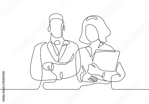 Two Business People Standing Pose Continuous One Line Drawing. Businesswoman and Businessman Standing Line Art Modern Drawing. Minimalism Design of Man and Woman. Vector EPS 10