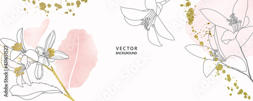 minimal background in pink flowers and tropical summer leaf with golden metallic texture gallery wall art vector design in frame for home decorate