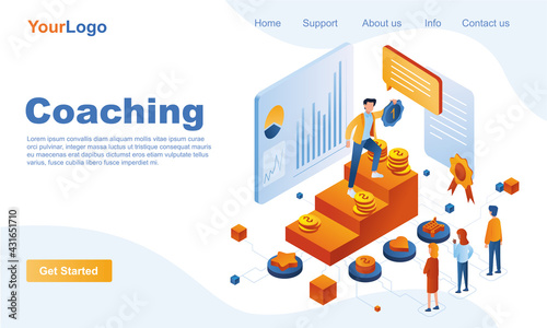 Coaching isometric landing page template. Colleagues listen to motivational speaker 3d concept. Professional training at business development and growth specialist. Vector illustration in flat design
