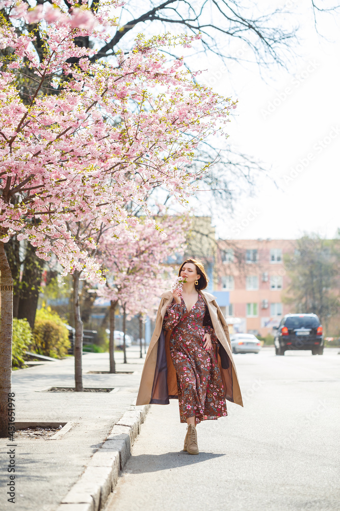 In the spring, a woman walks along a blooming street with sakura trees. A girl in a long silk elegant vintage dress walks among the flowering trees In the spring, a woman walks along a blooming street with sakura trees. A girl in a long silk elegant vintage dress walks among the flowering trees