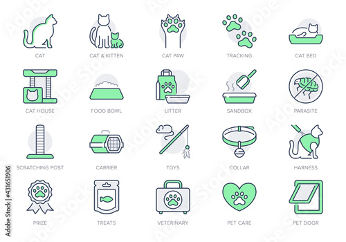 Cat stuff line icons. Vector illustration include icon - litter box, carrier, scratching post, bed, house, kitten, toy, meal outline pictogram for pet equip. Green Color, Editable Stroke