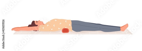 Woman doing exercises with foam roller, lying on mat, stretching out on floor. Person practicing workout for back and loin. Colored flat vector illustration isolated on white background