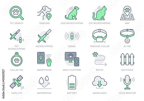 Pet tracking line icons. Vector illustration include icon - trace, collar, microchip, magnifier, battery, dog, cat tracking outline pictogram for animal search. Green Color, Editable Stroke