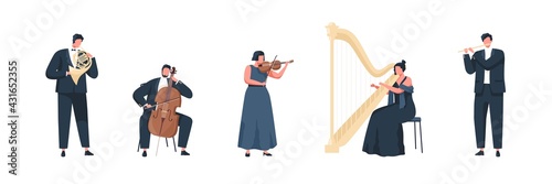 Musicians performing classic melodies on music instruments. People playing on cello, flute, harp, trumpet and violin. Colored flat vector illustration of philharmonic performers isolated on white