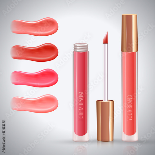 Make-up ad concept for lips with realistic creme smears of different colors, and liquid lipstick, closed and open.