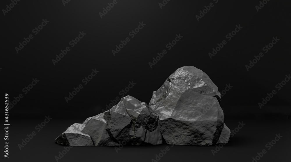Stone and Rock shape 3d render illustration. Round podium, pedestal for brand product exhibition. Solid dark black color. Mockup template for ads design. 
