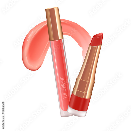 Make-up set for lips with realistic creme smear, realistic liquid lipstick.
