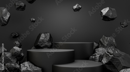 Stone and Rock shape 3d render illustration. Round podium, pedestal for brand product exhibition. Solid dark black color. Mockup template for ads design. 