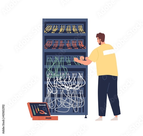 Sysadmin maintaining or repairing server. Technical engineer adjusting network. System administration and maintenance. Colored flat vector illustration of repairman isolated on white background