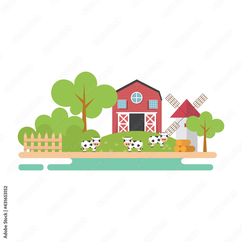 Farm landscape with cow, barn and green fields. Rural landscape. Vector illustration. Farm landscape with cow, barn and green fields. Rural landscape. Vector illustration.