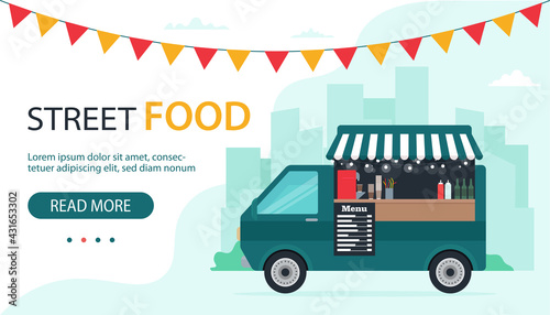 Small food truck with cute modern interior on street background. Street food concept, coffee to go, takeaway food. Vector illustration in flat style, template for banner