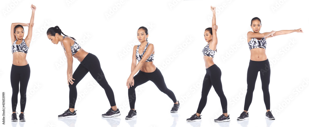 Woman wear Fitness Sport bra yoga pants, full length isolated profile Woman wear Fitness Sport bra yoga pants, full length isolated profile