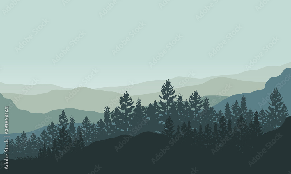 Fantastic Mountain views with a forest at sunrises in the morning. Vector illustration