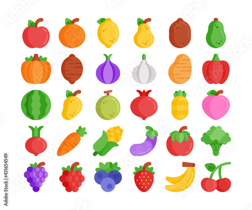 Simple set of 30 fruit and vegetables icons in detailed flat style.
