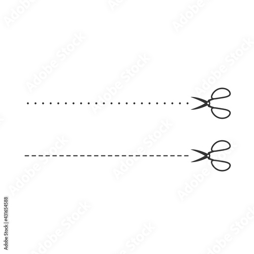 Black open scissors with stitch line icon isolated on white. Cut sign.