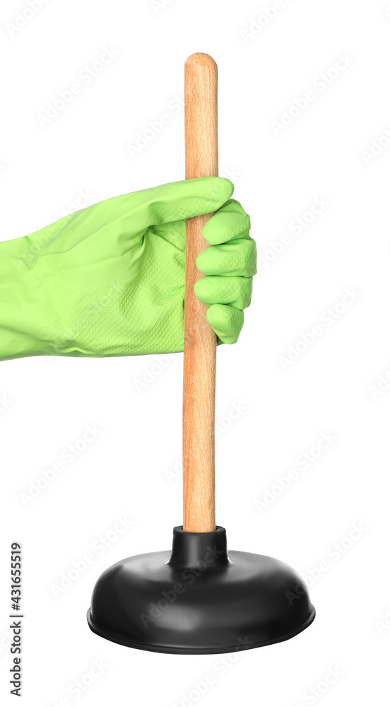 Woman holding plunger on white background, closeup. Toilet cleaning tool Woman holding plunger on white background, closeup. Toilet cleaning tool