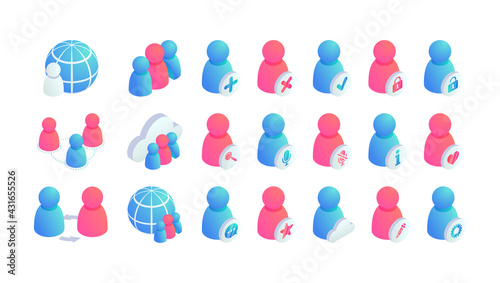 User isometric icons set. 3d Personal information, account settings and protection, user search, web profile safety icon. Vector social media app infographic. Global business, people teamwork symbol