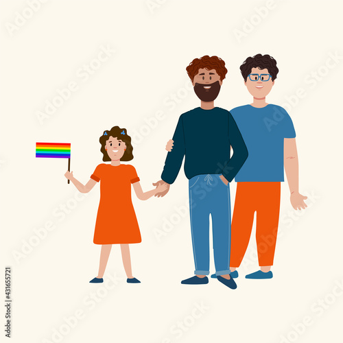 Happy LGBT Family. Vector illustration of a couple of men with a child. Gay parents with their daughter. The concept of paternal love and care in marriage. Vector illustration