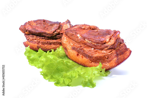 Pork fat.A piece of homemade boiled brisket with meat layers is isolated on a white background.
