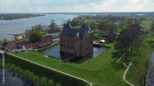Castle Loevestein near river Maas in the Netherlands, Aerial shot photo