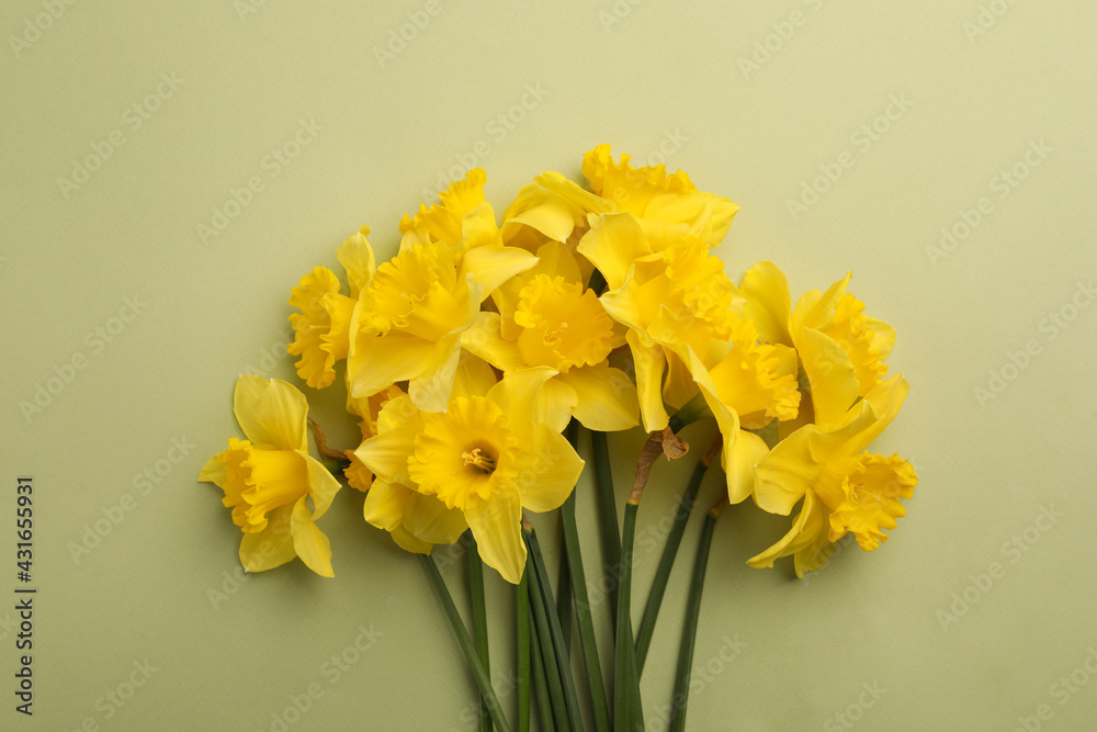 Beautiful daffodil bouquet on light green background, top view