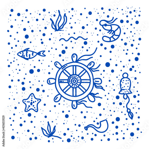 Marine life pattern in vector. Hand-drawn illustration of a rudder from a ship, the bottom of the sea. Sea background with inhabitants. Vector illustration