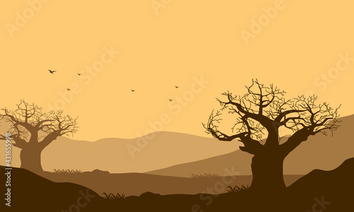 Beautiful afternoon sky with nice mountain views at dusk from the suburbs. Vector illustration