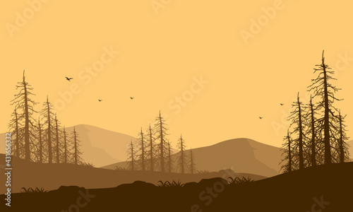 Amazing view of the mountains from the outskirts of the city in the evening dusk. Vector illustration