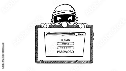 Black and white cartoon style vector illustration of masked hacker spying privet tablet when user is trying to login. The hacker wants to steal private data from webpage. Hand drawn ilustration.
