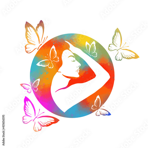 Multicolored abstraction with a beautiful girl and butterflies. Vector illustration