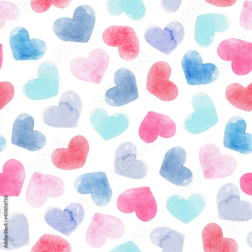 Beautiful seamless pattern with gentle watercolor hand drawn purple pink blue hearts. Stock illustration.