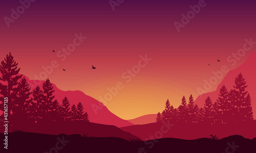Beautiful Mountain views from the outskirts of the city at dusk. Vector illustration
