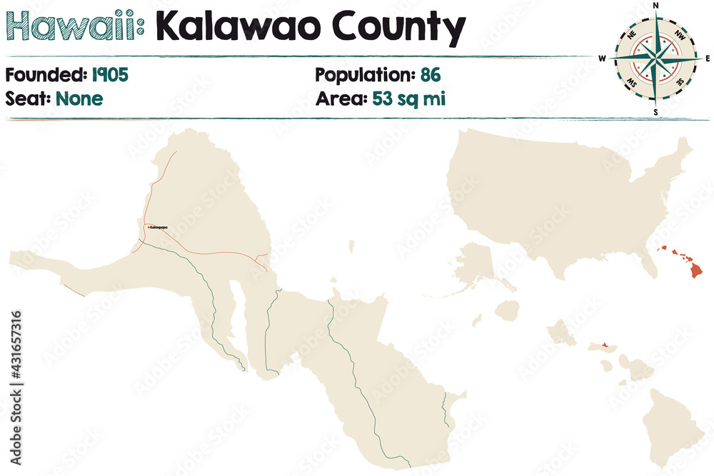 Large and detailed map of Kalawao county in Hawaii, USA.