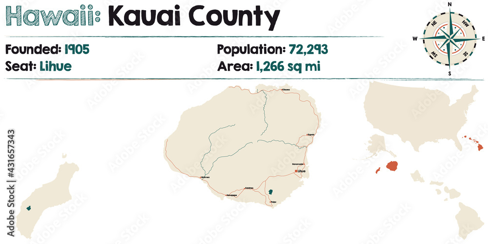 Large and detailed map of Kauai county in Hawaii, USA.