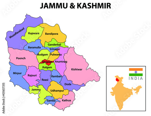 Jammu and Kashmir map. District map of Jammu and Kashmir in 2020. District map of Jammu and Kashmir in color with capital.