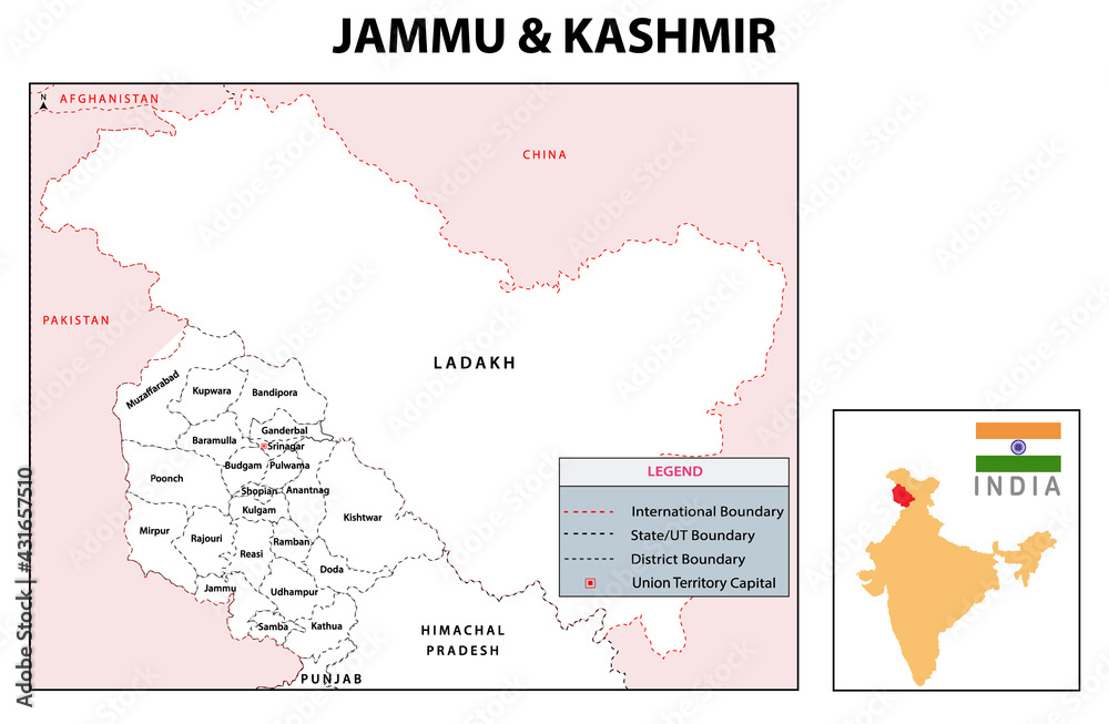 Fototapeta Outline map of Jammu and Kashmir.  Jammu and Kashmir administrative and political map. Jammu and Kashmir map with neighboring countries and border in white color.