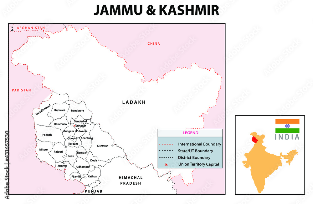 Outline map of Jammu and Kashmir.  Jammu and Kashmir administrative and political map. Jammu and Kashmir map with neighboring countries and border in white color.
