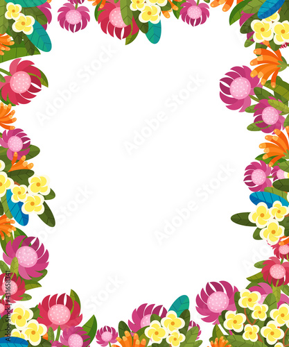 cartoon scene floral frame colorful flowers illustration