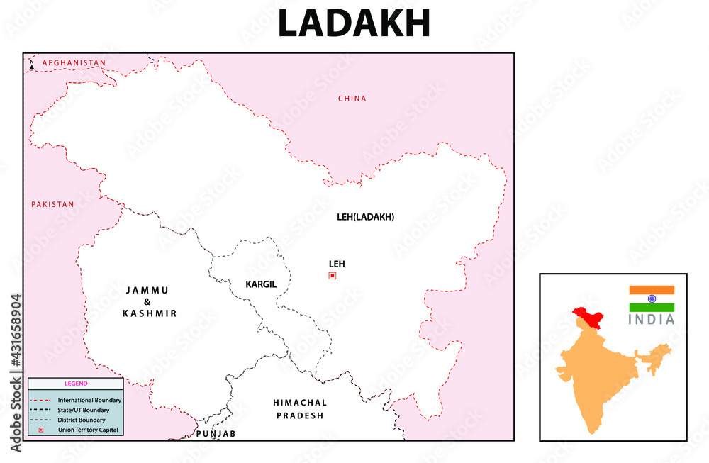 Ladakh map. Outline map of Ladakh.  Nagaland administrative and political map. Ladakh map with neighboring countries and border in white color.