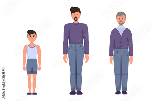 man at different ages. Little boy, adult man, old man elderly pensioner. Vector character in a static pose