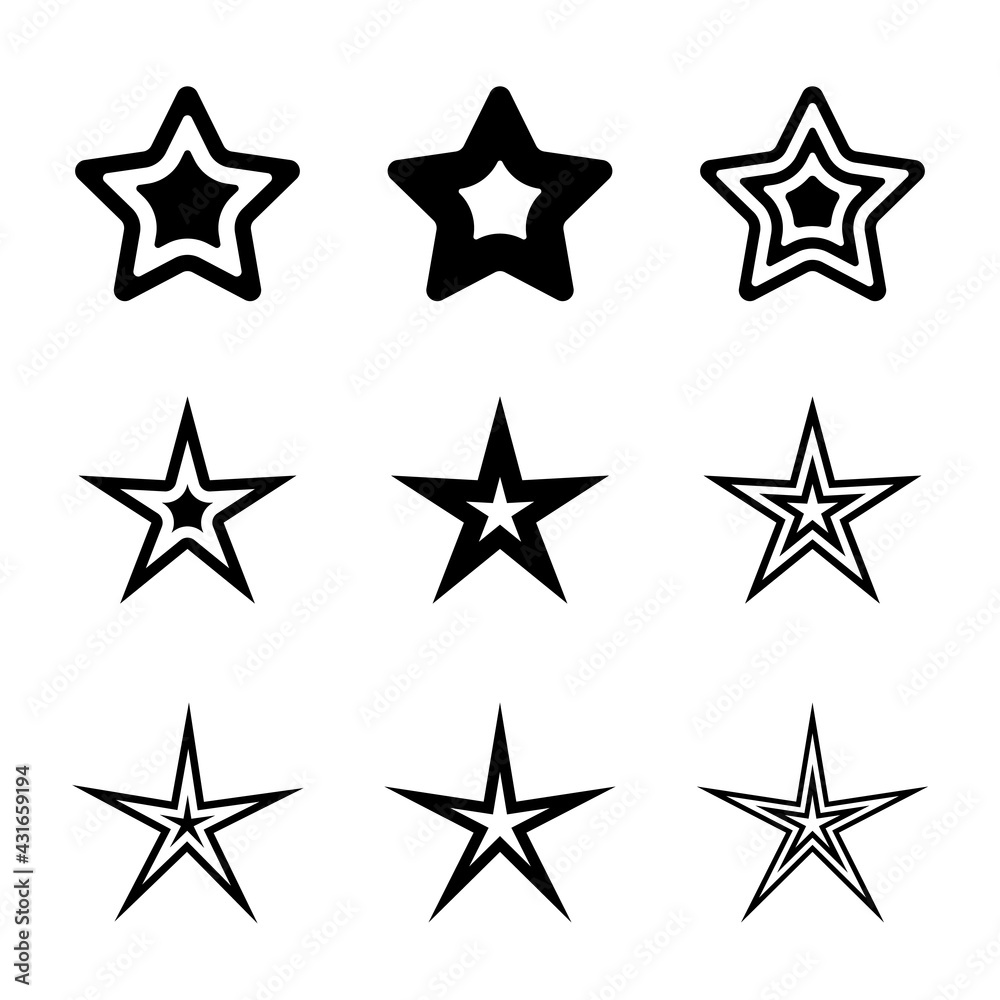 Black stars set. Vector different stars in black and white colors. Black stars set. Vector different stars in black and white colors.