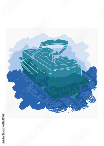 Editable Isolated Flat Brush Strokes Style Three-Quarter Top Oblique View Pontoon Boat on Wavy Water Vector Illustration for Artwork Element of Transportation or Recreation Related Design